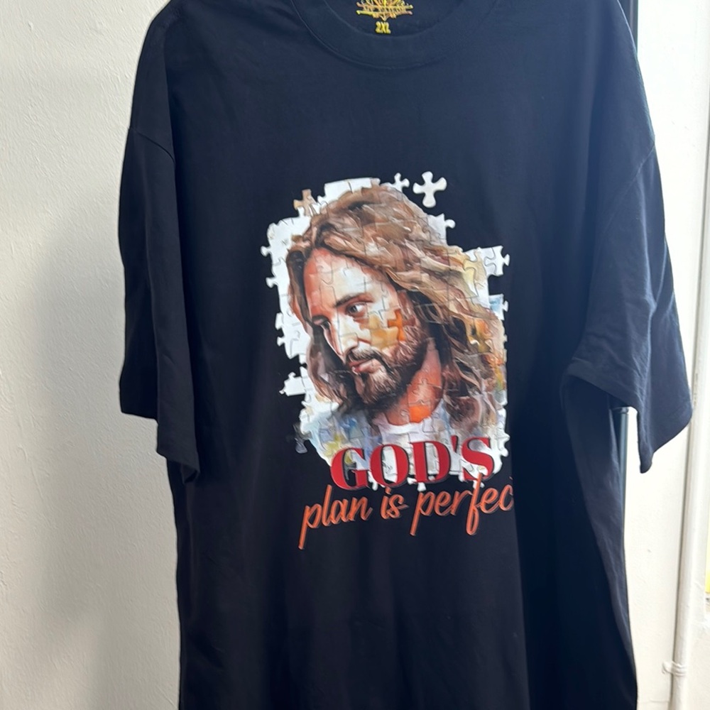 Black Graphic T-Shirt with Religious Design